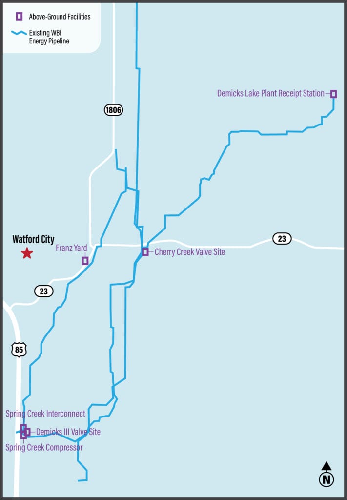 Map of project area shows Watford City, two valve sites, a compressor station, a yard, and an interconnect. Blue lines represent existing pipeline.